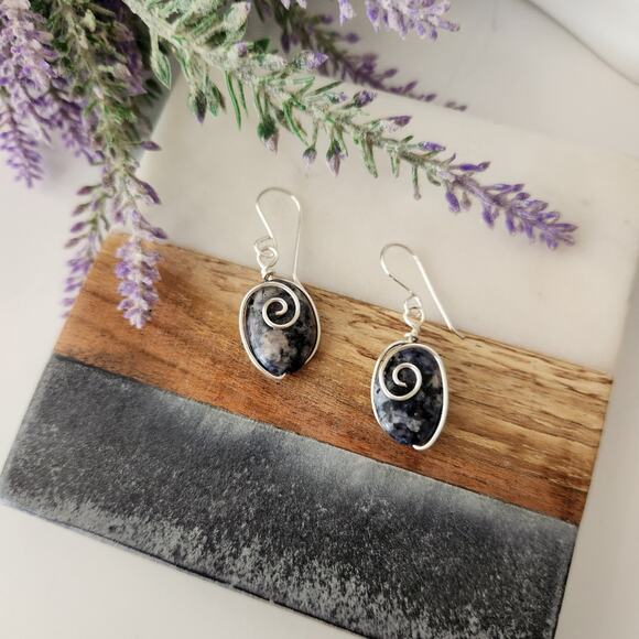 Blue Sodalite Stone Wire-wrapped Dangle Earrings / Minimalist Stone Earrings - Picture 5 of 11